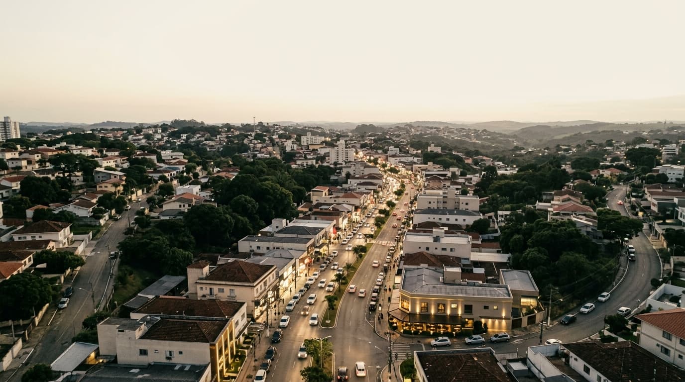 Avenida comercial brasileira acesa ao entardecer